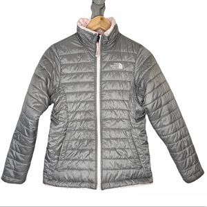 The North Face Girl’s Reversible Mossbud Swirl Puffer Jacket Pink Gray Large